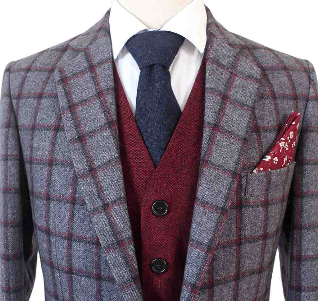 GREY RED WINDOWPANE PLAID  MIX & MATCH TWEED 3 PIECE SUIT