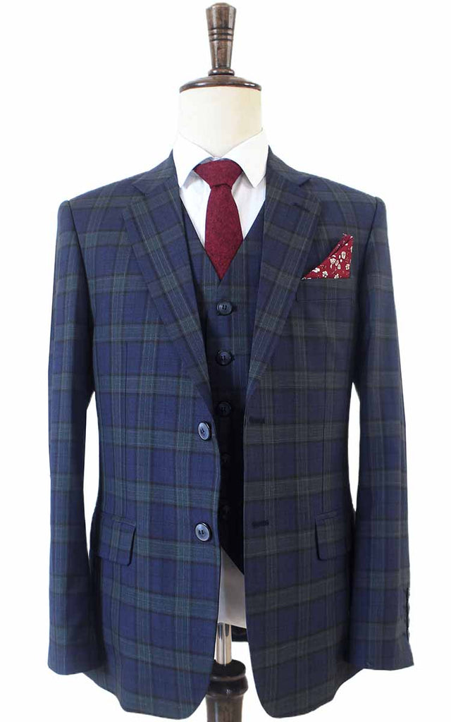 NAVY GREEN  PLAID WORSTED 3 PIECE SUIT