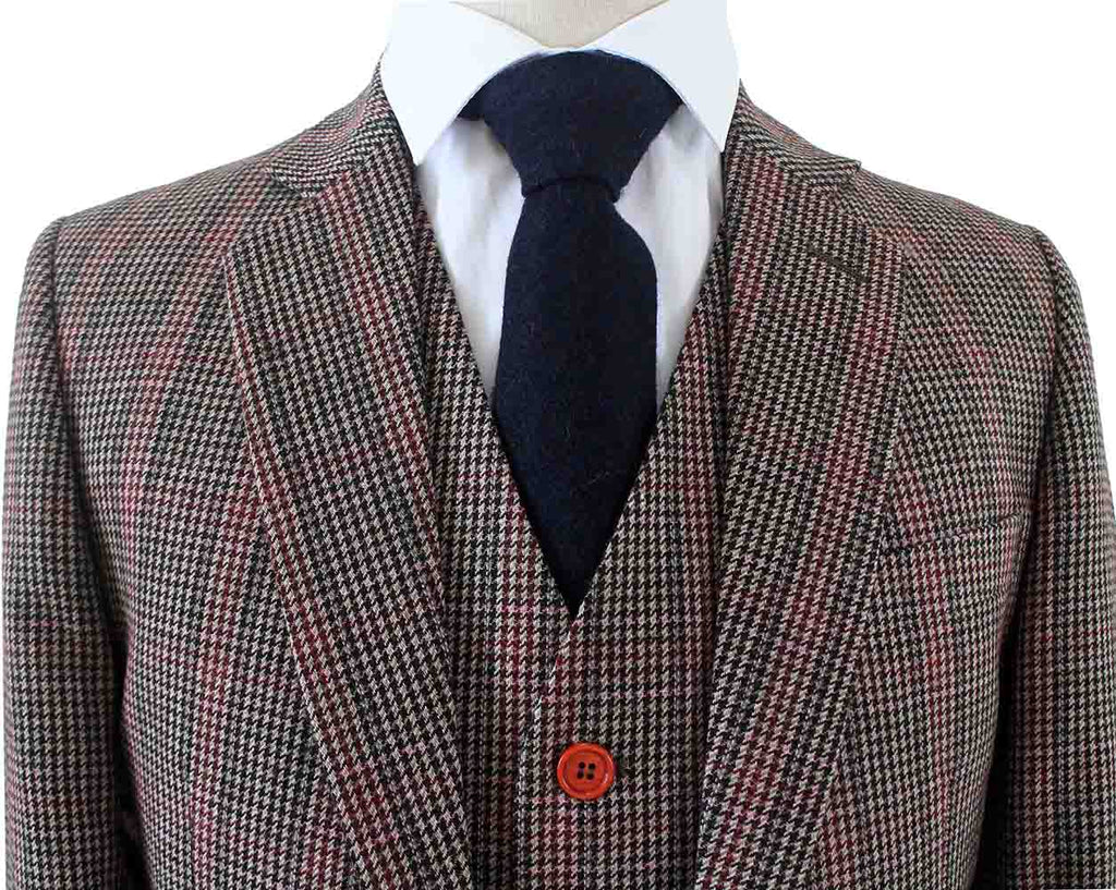 BDtailormade BROWN PINK HOUNDSTOOTH PLAID TWEED 3 PIECE SUIT - BDtailormade TWEED SUITStweedmaker hockerty menstweedsuit