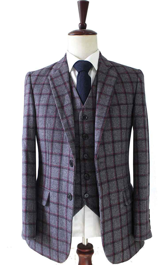 BDtailormade GREY RED WINDOWPANE PLAID TWEED 3 PIECE SUIT - BDtailormade TWEED SUITStweedmaker hockerty menstweedsuit