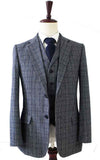 RETRO GREY BLUE PLAID TWEED 3 PIECE SUIT
