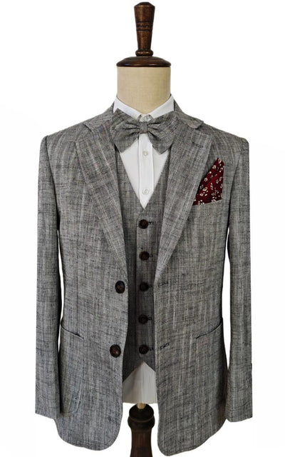 LIGHT GRAY HERRINGBONE COTTON LINEN 3 PIECE SUIT