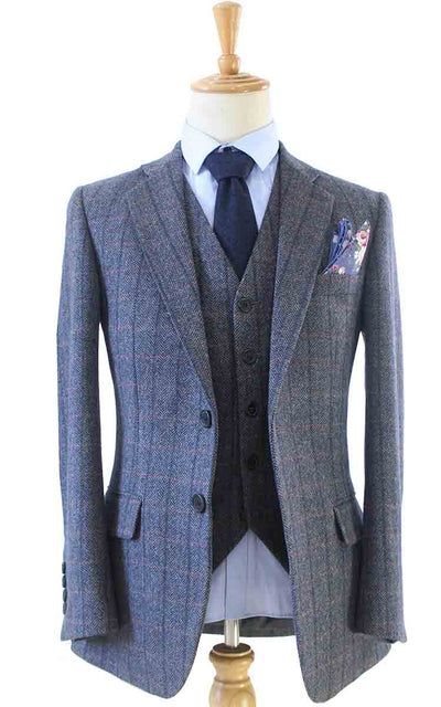 GREY WINDOWPANE HERRINGBONE TWEED 3 PIECE SUIT