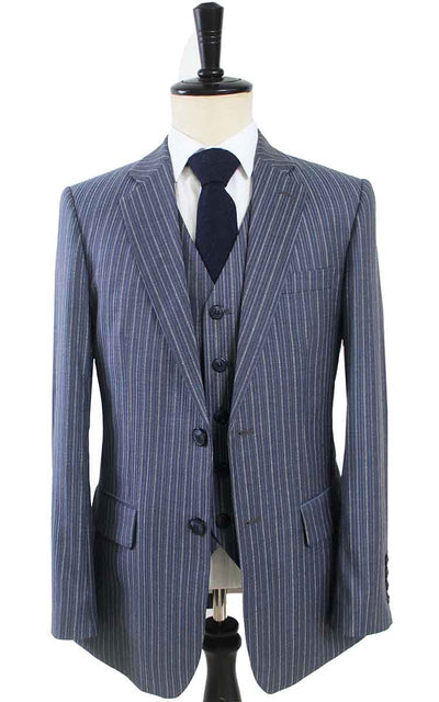 BDtailormade LIGHT BLUE PINSTRIPE WORSTED 3 PIECE SUIT - BDtailormade Worsted Suittweedmaker hockerty menstweedsuit