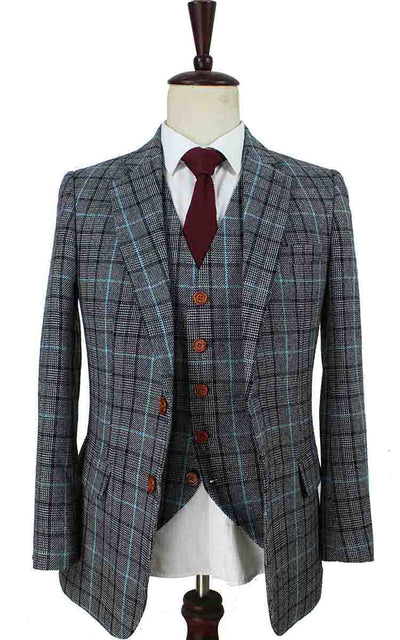 BDtailormade GREY BLUE HOUNDSTOOTH PLAID TWEED 3 PIECE SUIT - BDtailormade TWEED SUITStweedmaker hockerty menstweedsuit